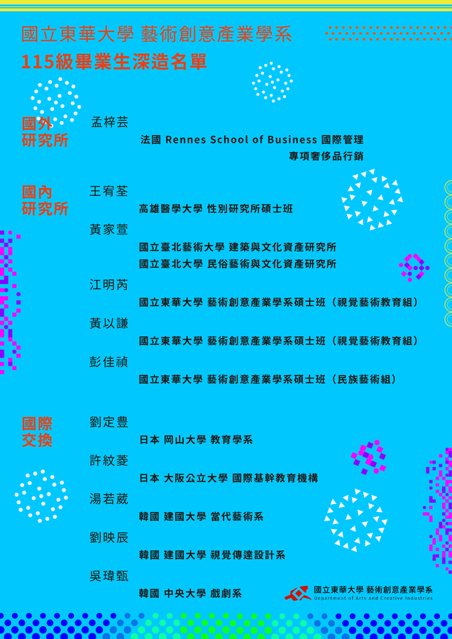 【榮譽榜】國立東華大學藝術創意產業學系 115級畢業生深造名單(另開新視窗/png檔)圖片