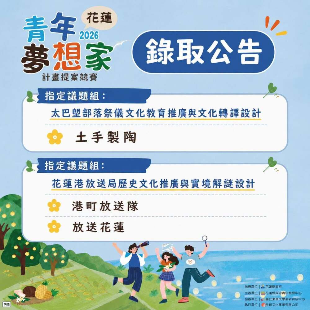 【榮譽榜】恭喜學士班許子寬、許博閎、謝鎮宇、李育維，榮獲入選「𝟮𝟬𝟮𝟲花蓮青年夢想家計畫提案競賽」(另開新視窗/jpg檔)圖片