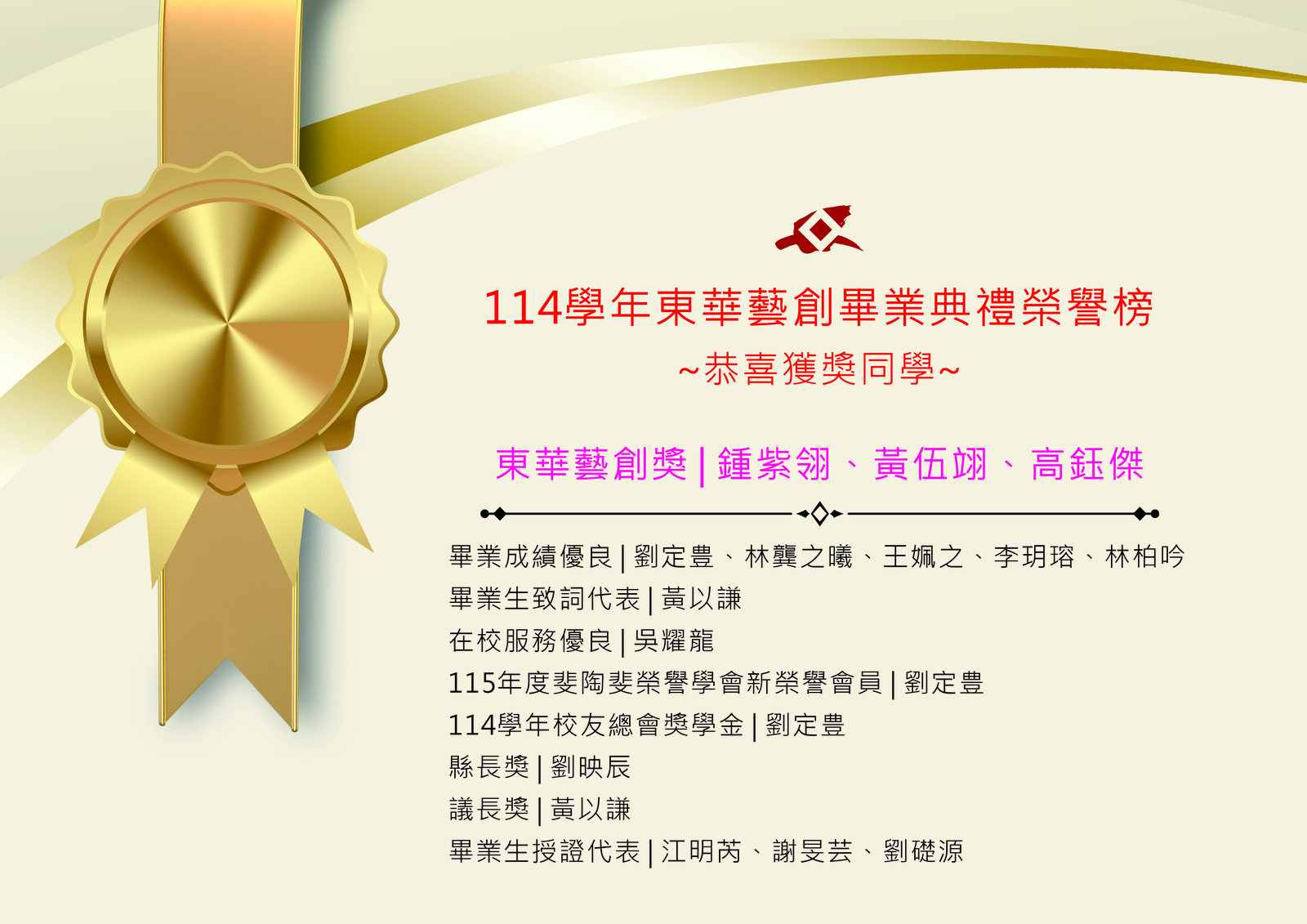 【榮譽榜】114學年度畢業撥穗典禮藝創系榮譽榜(另開新視窗/jpg檔)圖片